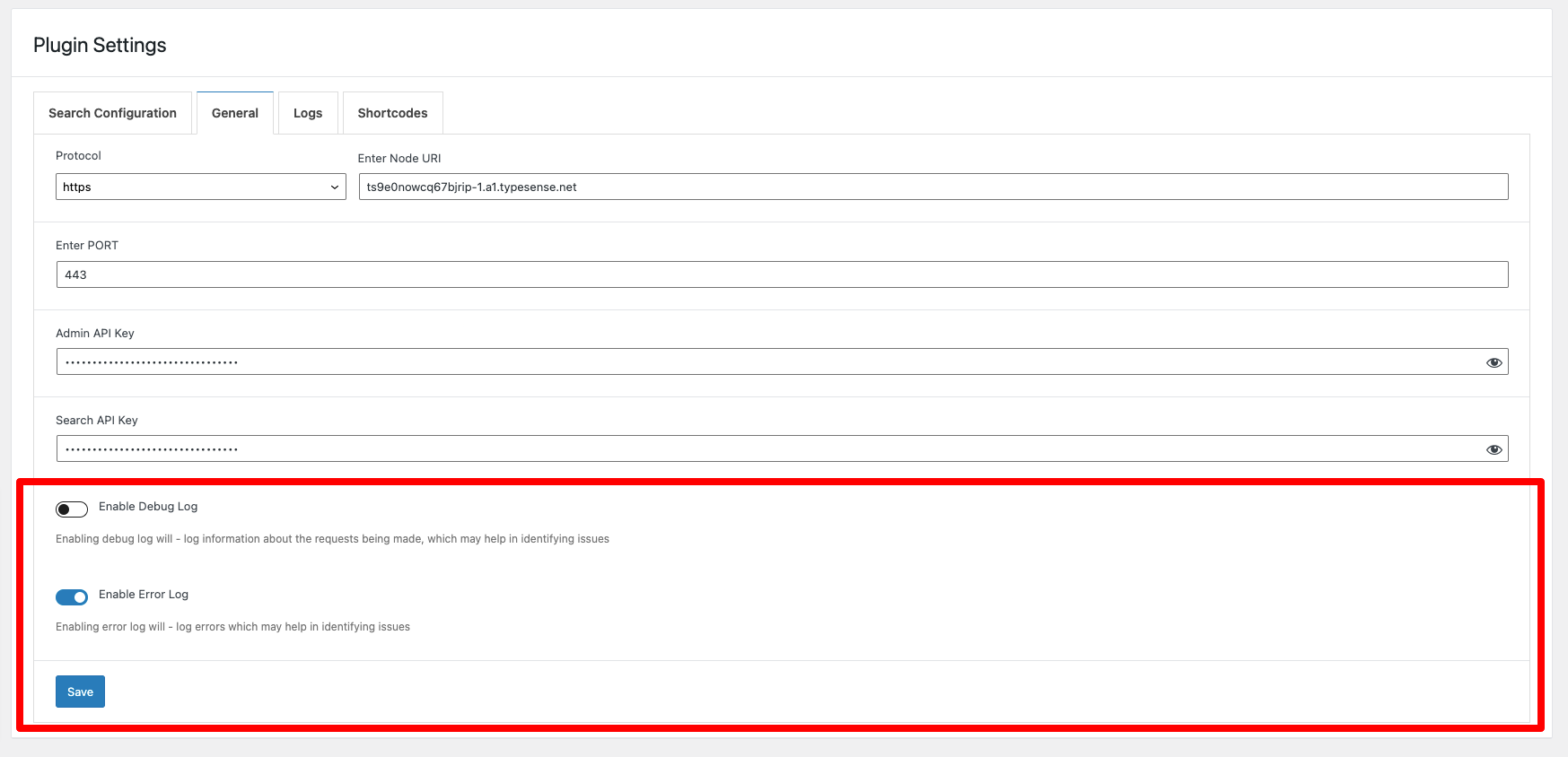 Typesense Debug Log settings